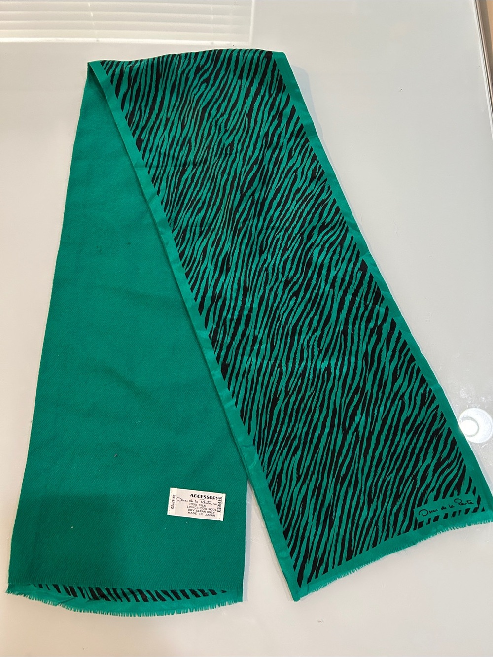 Vintage gorgeous Green and Black Zebra Print Scarf silk wool Oscar De la Rena